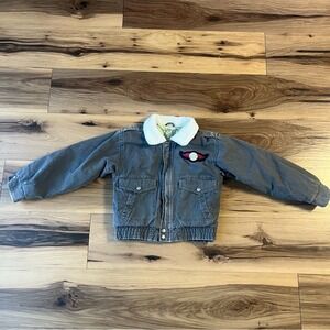 Vtg Toddler bomber Gray Jacket with Sherpa Collar map inside thunder bolt patch